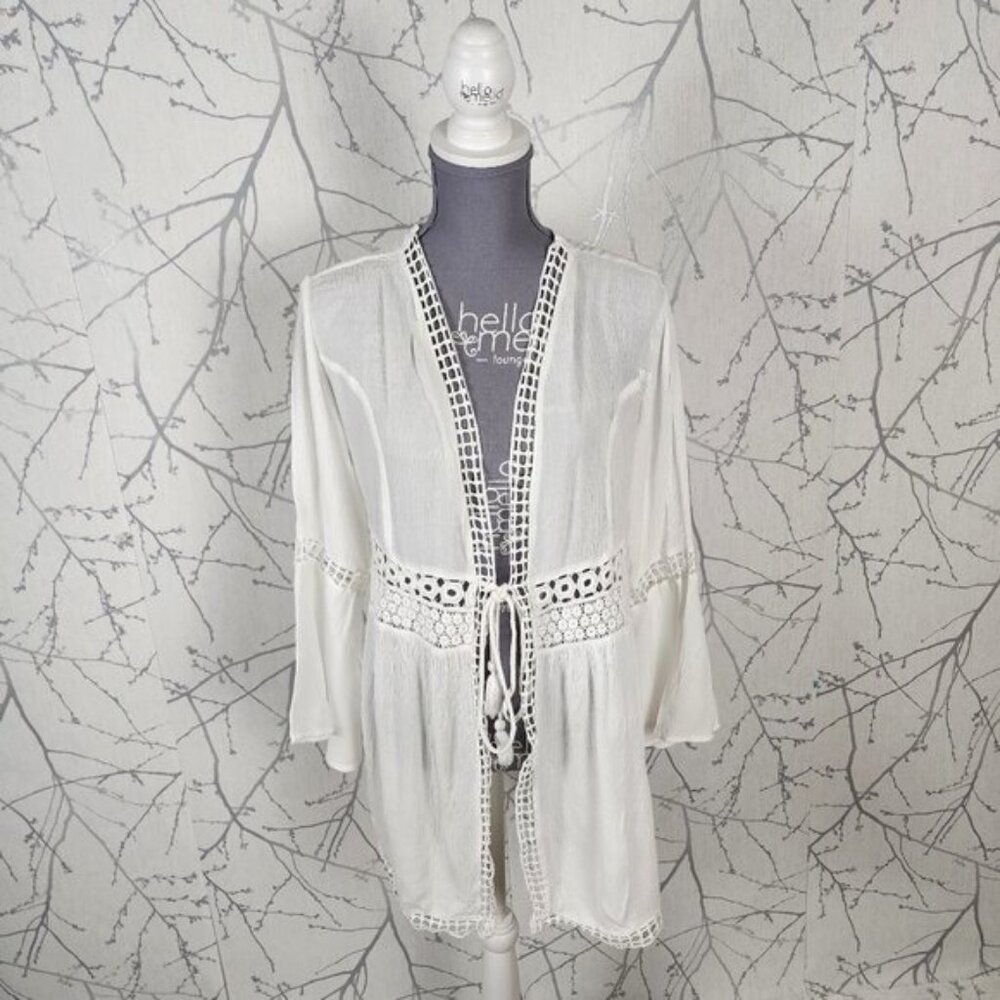 Goa by Japna White Eyelet Tie Front Beach Cover Cardigan